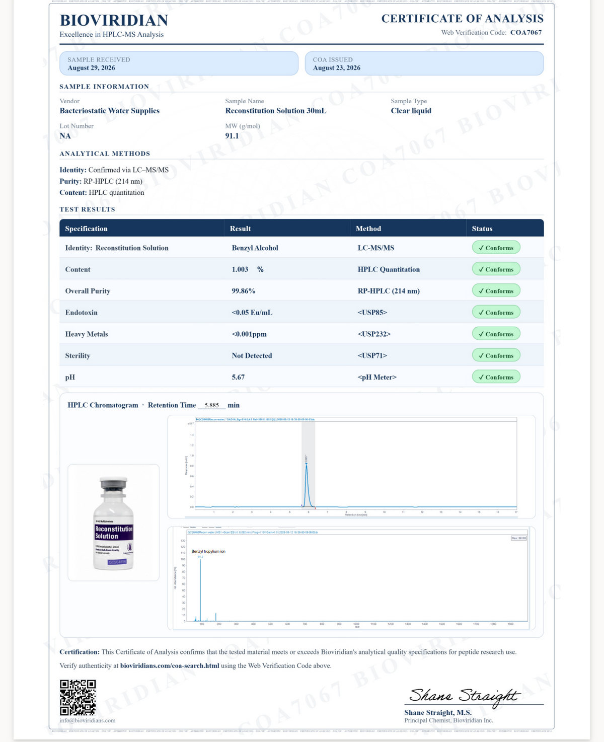 Bacteriostatic Water Plastic Vial– Reconstitution Solution 30mL